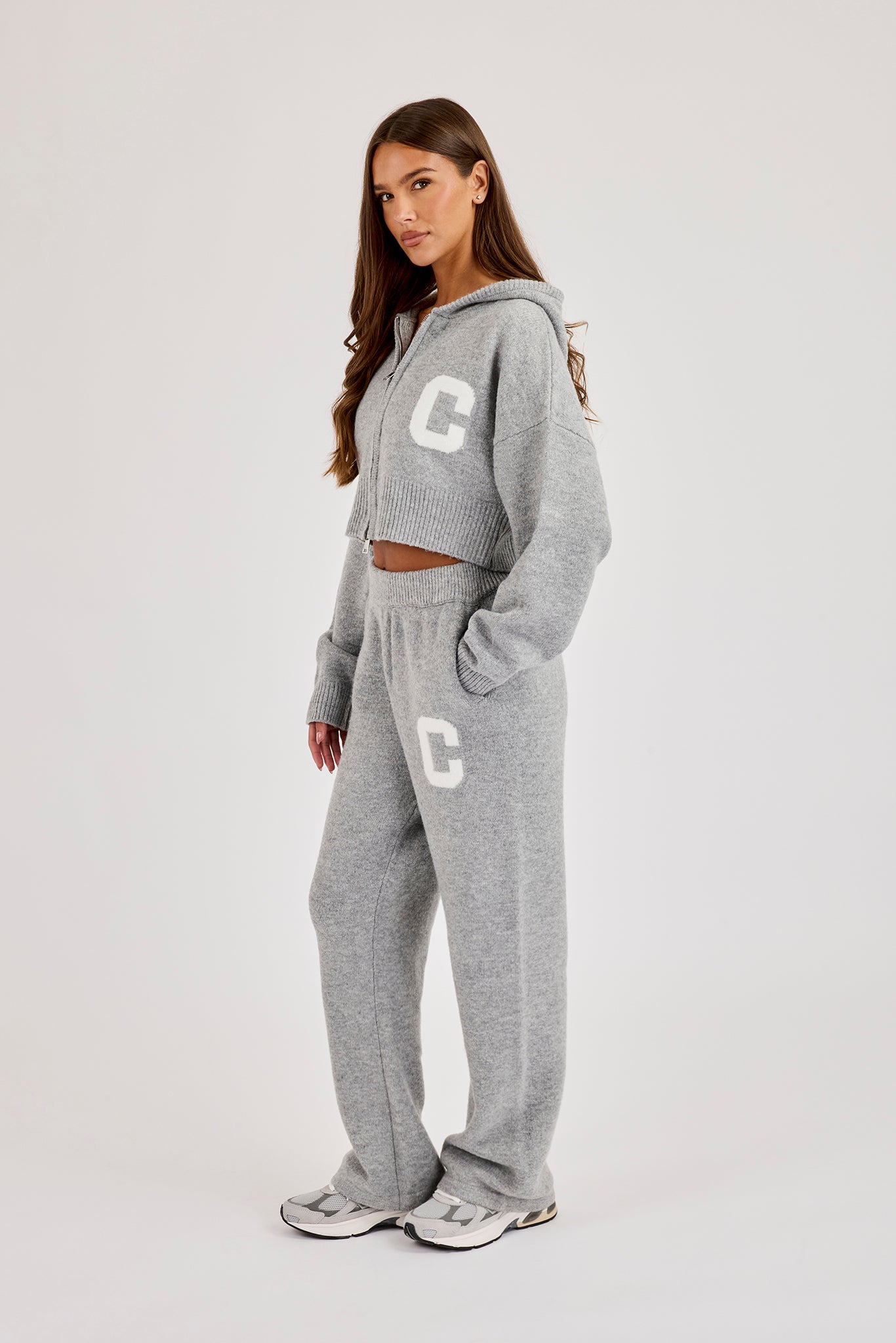 C Intarsia Cropped Zip Through Hoodie & Jogger - Grey